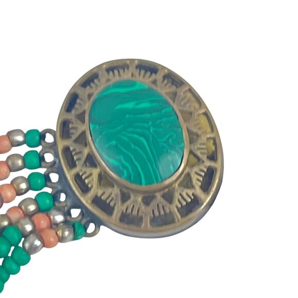 Vintage Multi-Strand Beaded Bracelet With Green Cabochon & Brass Accents Ethnic - Picture 3 of 9